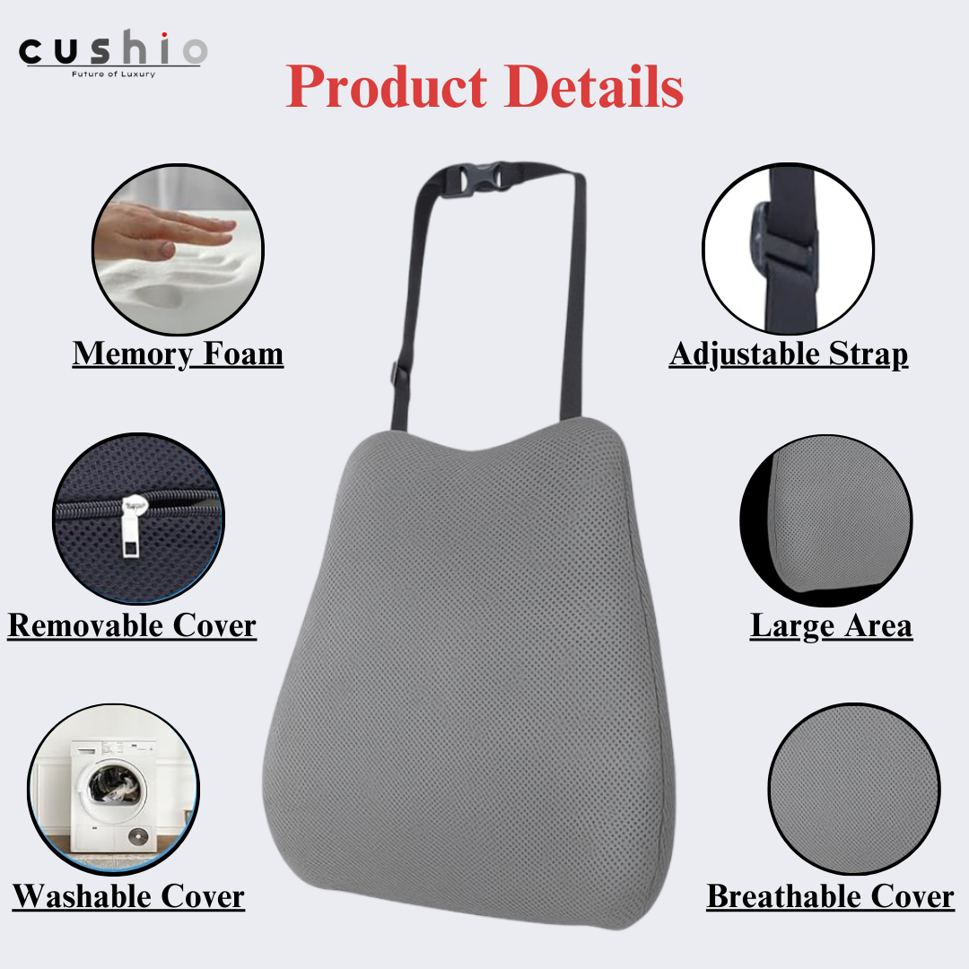CUSHIO Car Back Rest Lumbar Support Memory Foam Cushion | Relieves Back Pain & Supports Posture | Ideal for Cars, Office Chairs, and Travel (Grey)
