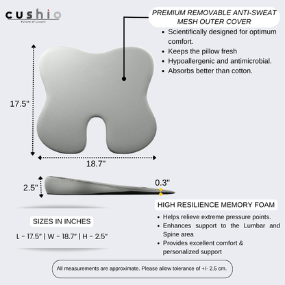 CUSHIO Car Wedge Seat Cushion | Ergonomic Memory Foam Cushion for Tailbone & Lower Back Support | Coccyx Seat Cushion with Non-Slip Base (Upto 120KG, Grey)