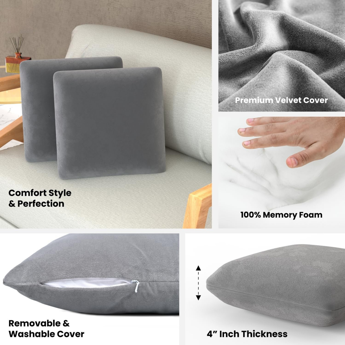 CUSHIO Memory Foam Square Cushion for Car, Sofa/Diwan, Bed, Chair & Decoration | Velvet Cover (Grey) Pack of 2