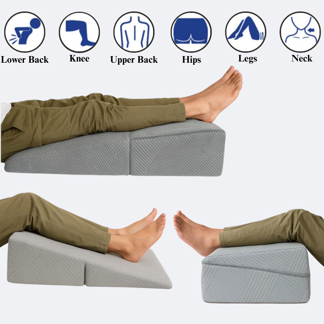 CUSHIO Folding Bed Wedge Pillow For Acid Reflux | Back Support & Leg Elevation for Restful Sleep | Easy To Store, Easy To Clean Removable Soft Fabric Cover (Grey)