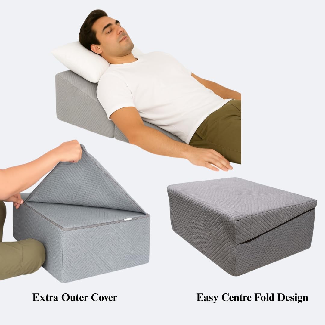 CUSHIO Folding Bed Wedge Pillow For Acid Reflux | Back Support & Leg Elevation for Restful Sleep | Easy To Store, Easy To Clean Removable Soft Fabric Cover (Grey)
