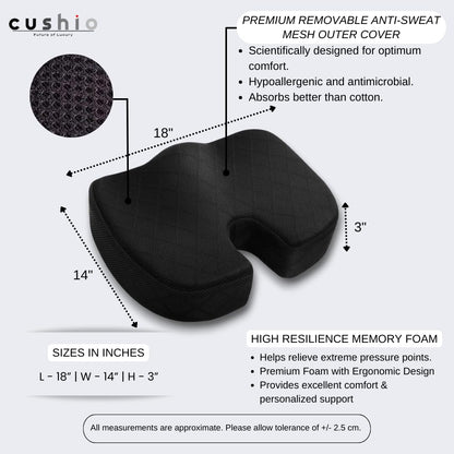 CUSHIO Coccyx Seat Cushion (High Density) for Tailbone, Sciatica, Hip Lower Back Pain Relief | Memory Foam Cushion for Office or Home Chairs or Wheelchairs (Upto 120KG, Black)