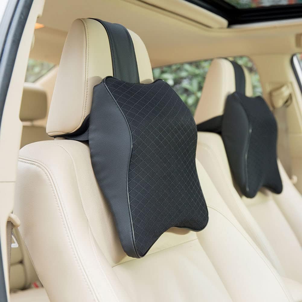 CUSHIO Car Seat Headrest Neck Rest Cushion | Memory Foam Car Seat Neck Pillow with Breathable Removable Cover | Comfortable Ergonomic & Neck Pain Relief (Black)