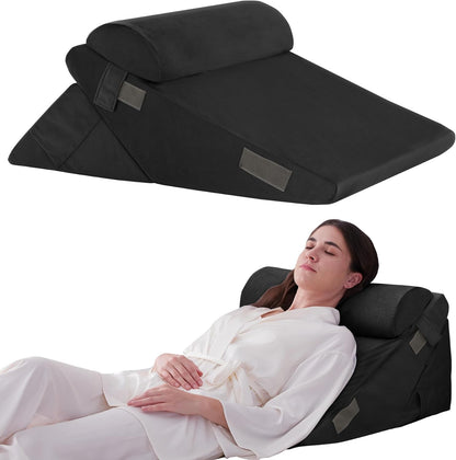 CUSHIO Adjustable Memory Foam Wedge Pillow with Headrest for Back Support for Bed, 12-in-1 Versatile Design for Sleeping, Leg Elevation Support (Black)