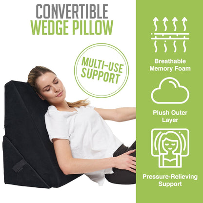 CUSHIO Adjustable Memory Foam Wedge Pillow for Back Support, 7-in-1 Versatile Design for Sleeping, Leg Elevation and Support (Black)