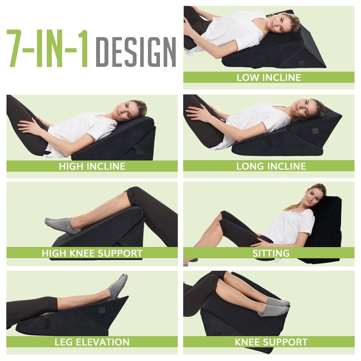 CUSHIO Adjustable Memory Foam Wedge Pillow for Back Support, 7-in-1 Versatile Design for Sleeping, Leg Elevation and Support (Black)