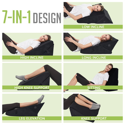 CUSHIO Adjustable Memory Foam Wedge Pillow for Back Support, 7-in-1 Versatile Design for Sleeping, Leg Elevation and Support (Black)