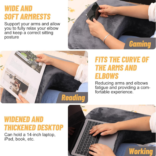 CUSHIO Lap Desk & Adj. Wedge with Headrest Combo for Laptops, Study and Reading | Memory Foam Adjustable Wedge with Headrest for Back Support & Lap Desk Pillow-Gaming & Reading Pillow (Grey)