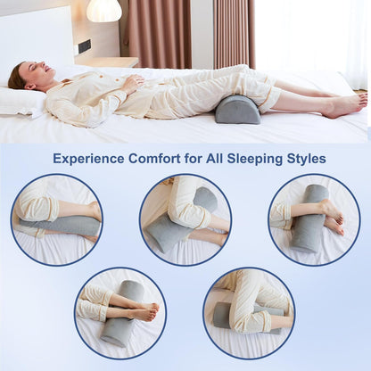CUSHIO Semi Roll Bolster Pillow | Memory Foam Half Moon Bolster Support Cushion for Neck, Back, Knees & Legs | Ergonomic Pillow with Soft Velvet Cover (Light Grey)