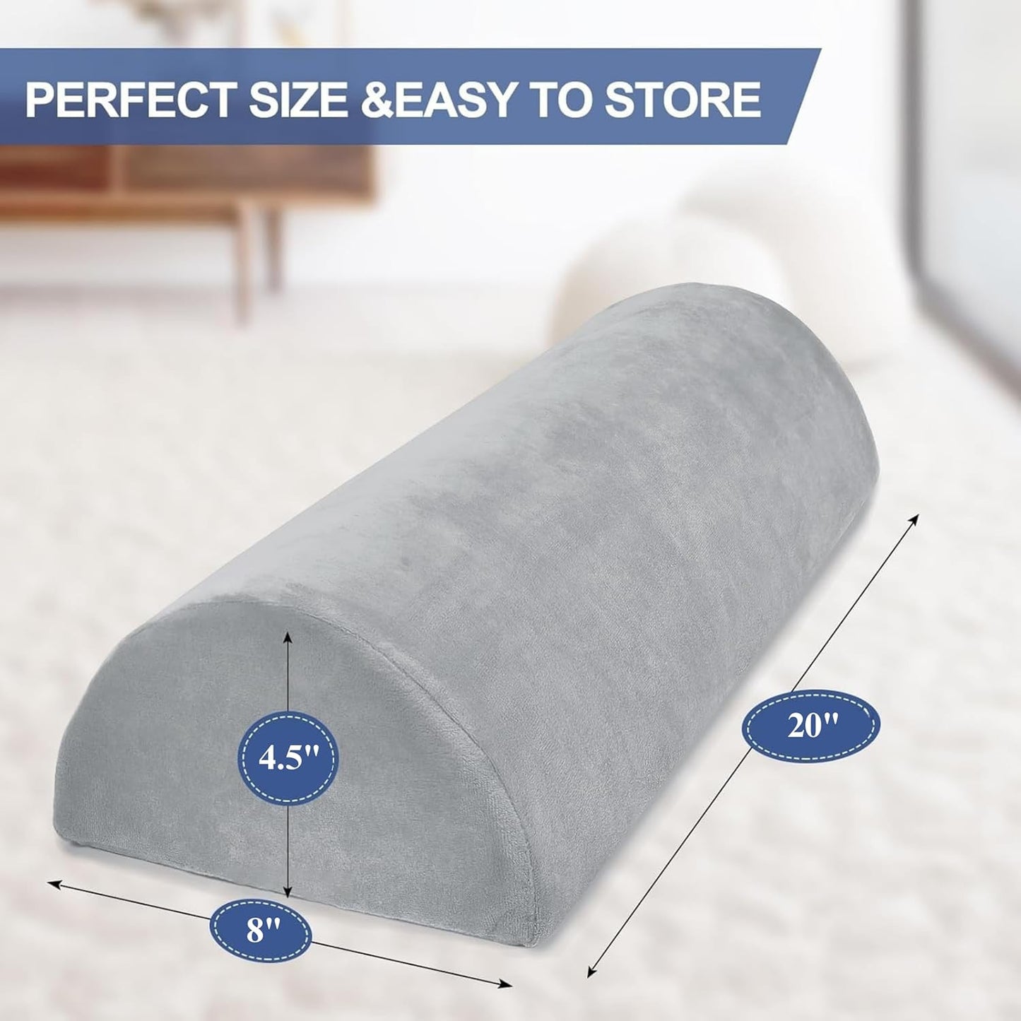 CUSHIO Semi Roll Bolster Pillow | Memory Foam Half Moon Bolster Support Cushion for Neck, Back, Knees & Legs | Ergonomic Pillow with Soft Velvet Cover (Light Grey) Pack of 2