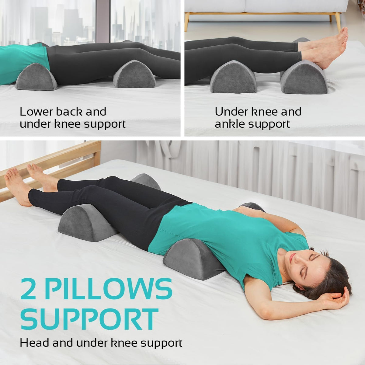 CUSHIO Semi Roll Bolster Pillow | Memory Foam Half Moon Bolster Support Cushion for Neck, Back, Knees & Legs | Ergonomic Pillow with Soft Velvet Cover (Light Grey) Pack of 2