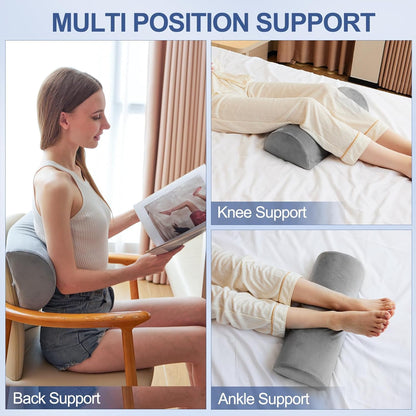 CUSHIO Semi Roll Bolster Pillow | Memory Foam Half Moon Bolster Support Cushion for Neck, Back, Knees & Legs | Ergonomic Pillow with Soft Velvet Cover (Light Grey)