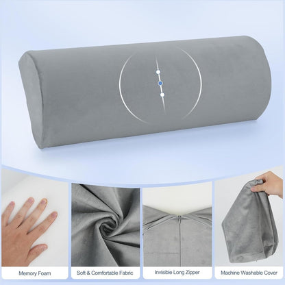 CUSHIO Semi Roll Bolster Pillow | Memory Foam Half Moon Bolster Support Cushion for Neck, Back, Knees & Legs | Ergonomic Pillow with Soft Velvet Cover (Light Grey)