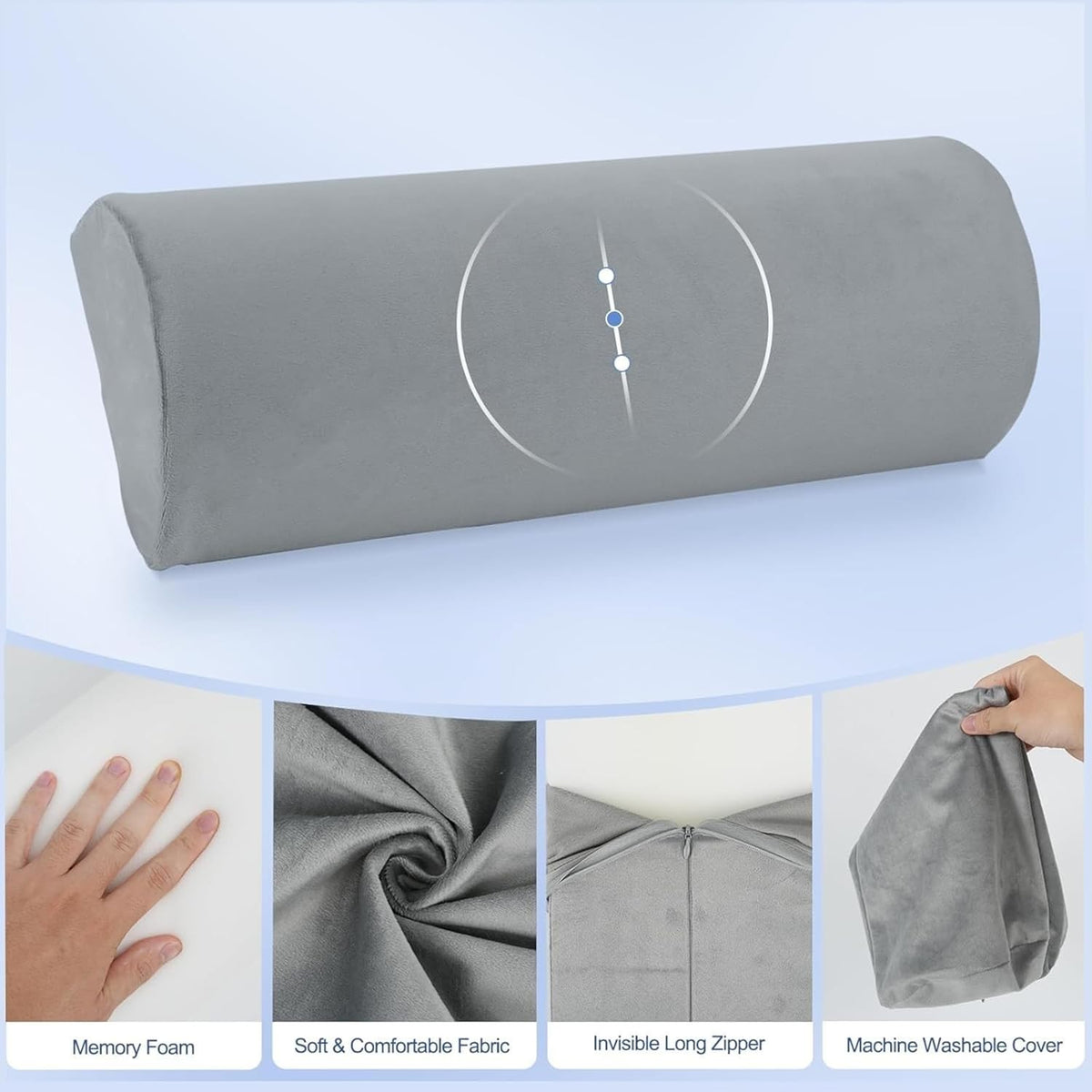 CUSHIO Semi Roll Bolster Pillow | Memory Foam Half Moon Bolster Support Cushion for Neck, Back, Knees & Legs | Ergonomic Pillow with Soft Velvet Cover (Light Grey) Pack of 2
