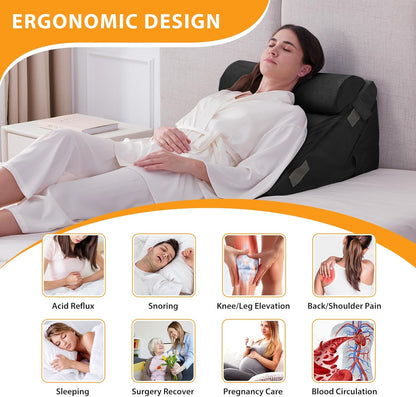 CUSHIO Adjustable Memory Foam Wedge Pillow with Headrest for Back Support for Bed, 12-in-1 Versatile Design for Sleeping, Leg Elevation Support (Black)