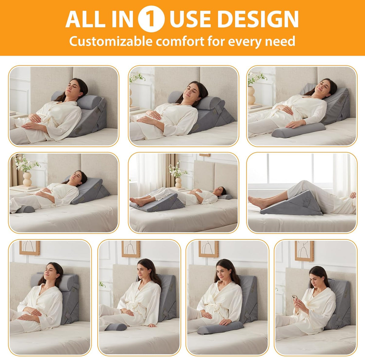 CUSHIO Adjustable Memory Foam Wedge Pillow with Headrest for Back Support, 12-in-1 Versatile Design for Sleeping, Leg Elevation Support (Grey)