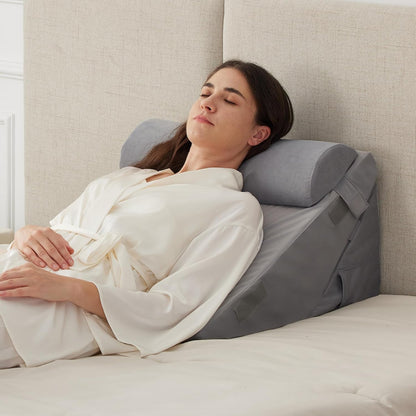 CUSHIO Adjustable Memory Foam Wedge Pillow with Headrest for Back Support, 12-in-1 Versatile Design for Sleeping, Leg Elevation Support (Grey)