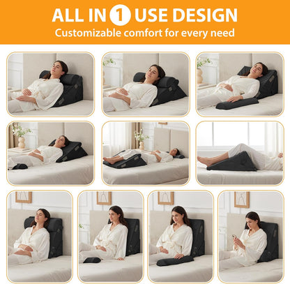 CUSHIO Adjustable Memory Foam Wedge Pillow with Headrest for Back Support for Bed, 12-in-1 Versatile Design for Sleeping, Leg Elevation Support (Black)