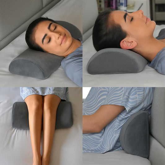 CUSHIO Semi Roll Bolster Pillow | Memory Foam Half Moon Bolster Support Cushion for Neck, Back, Knees & Legs | Ergonomic Pillow with Soft Velvet Cover (Light Grey)