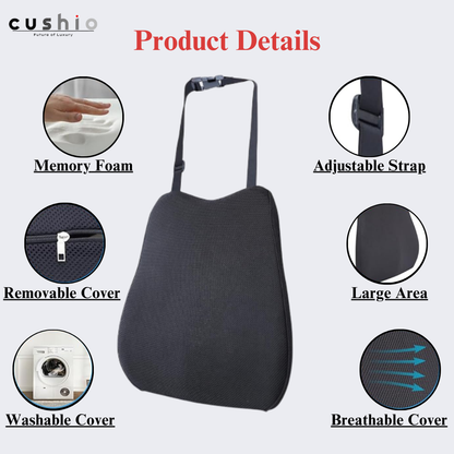 CUSHIO Car Back Rest Lumbar Support Memory Foam Cushion | Relieves Back Pain & Supports Posture | Ideal for Cars, Office Chairs, and Travel (Black)