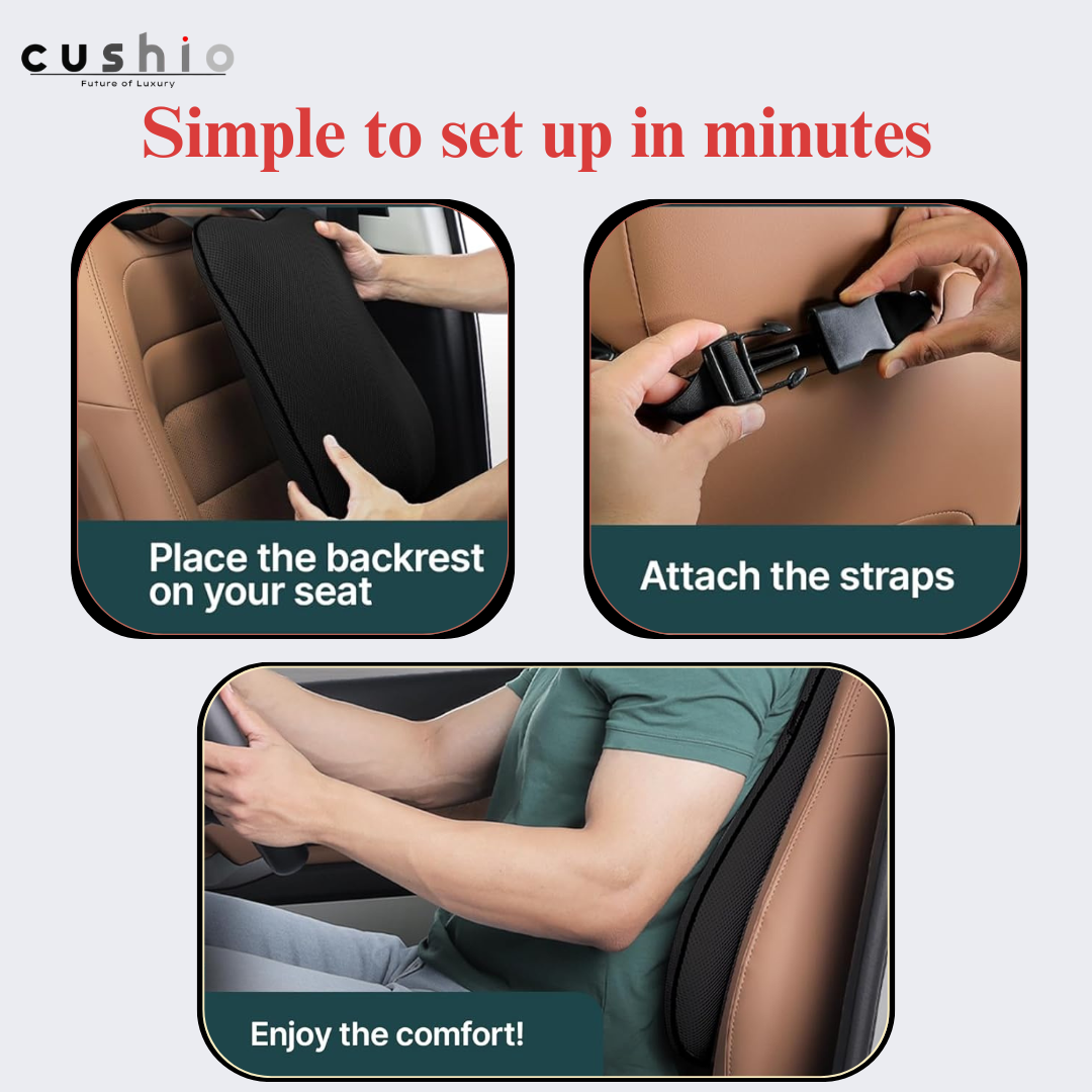 CUSHIO Car Wedge & Back Rest Cushion Combo | Posture Correction | Ergonomic Back & Seating Support | Driving & Daily Commutes | Universal Fit (Black)