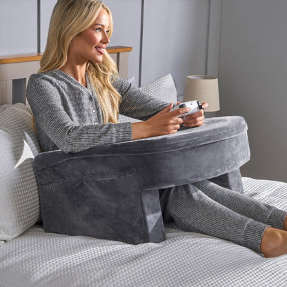 CUSHIO Lap Desk Pillow for Working on Laptop, Reading & Gaming | Perfect for Using on Bed, Sofa & Floor with Arm Rest (Grey)