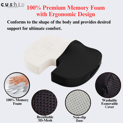 CUSHIO Memory Foam Lumbar Pillow & Coccyx Seat Cushion Combo | Lower Back and Coccyx Support for Long Sitting Hours on Car Seat, Office/Home Chair (Black)