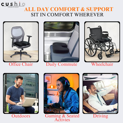 CUSHIO Coccyx Seat Cushion (High Density) for Tailbone, Sciatica, Hip Lower Back Pain Relief | Memory Foam Cushion for Office or Home Chairs or Wheelchairs (Upto 120KG, Black)