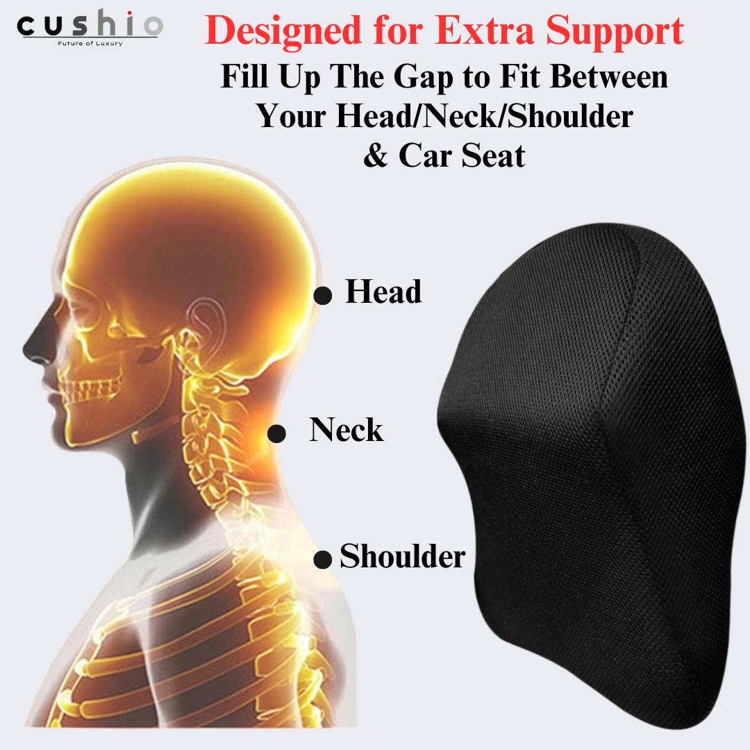 CUSHIO Car Headrest Pillow | Memory Foam Car Seat Head Rest Pillow for Neck and Cervical Support | Relieves Neck Pain & Muscle Tension (Black)