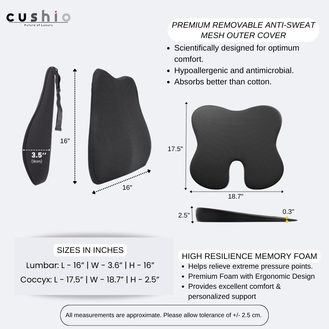 CUSHIO Car Wedge & Back Rest Cushion Combo | Posture Correction | Ergonomic Back & Seating Support | Driving & Daily Commutes | Universal Fit (Black)