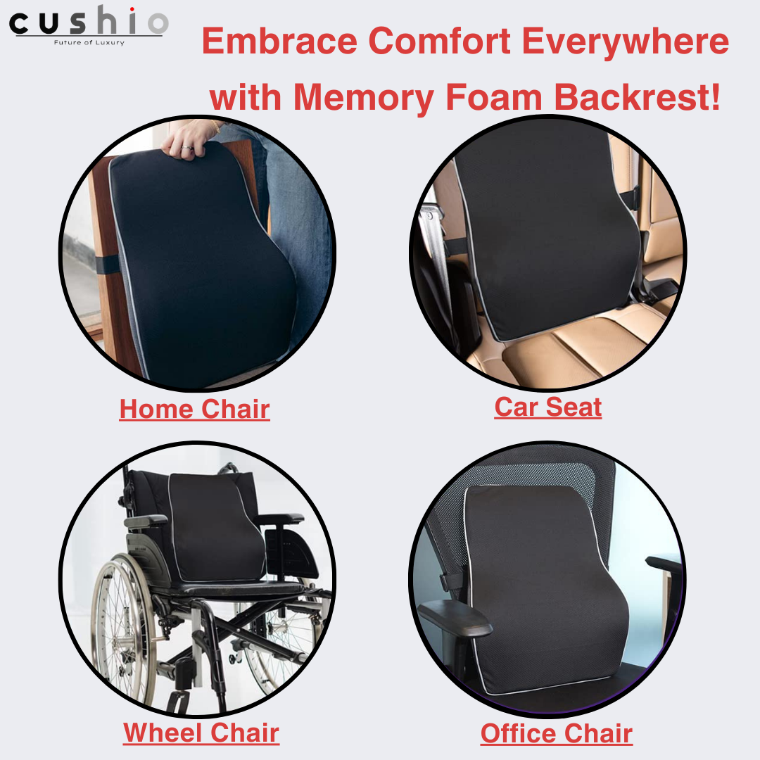 CUSHIO Memory Foam Lumbar Pillow & Coccyx Seat Cushion Combo | Lower Back and Coccyx Support for Long Sitting Hours on Car Seat, Office/Home Chair (Black)