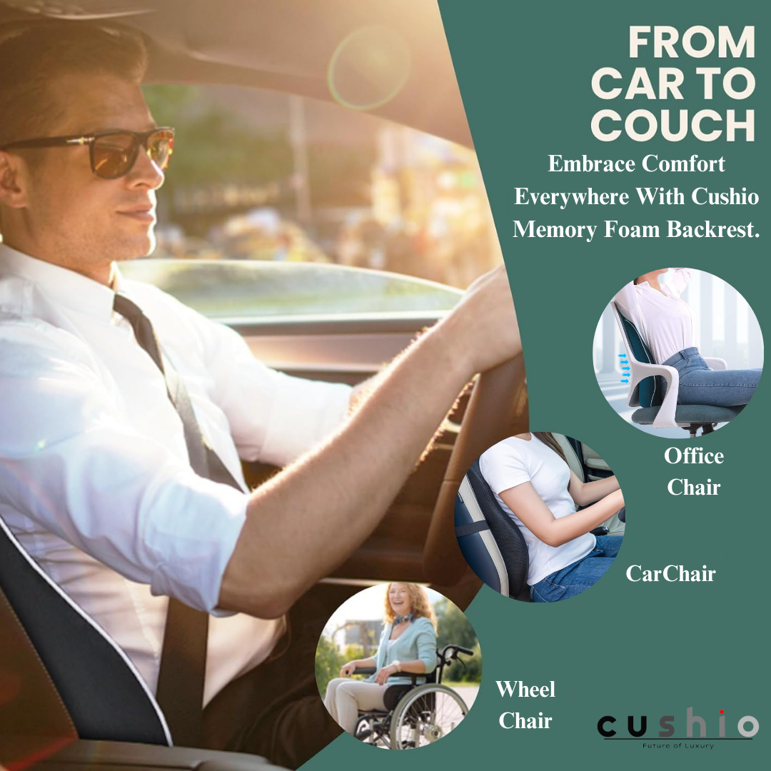 CUSHIO Memory Foam Lumbar Pillow & Coccyx Seat Cushion Combo | Lower Back and Coccyx Support for Long Sitting Hours on Car Seat, Office/Home Chair (Black)