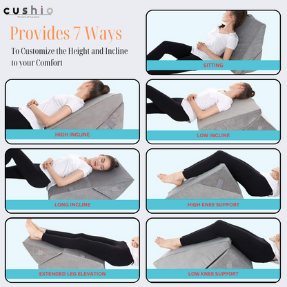 CUSHIO Adjustable Memory Foam Wedge Pillow for Back Support, 7-in-1 Versatile Design for Sleeping, Leg Elevation and Support (Grey)